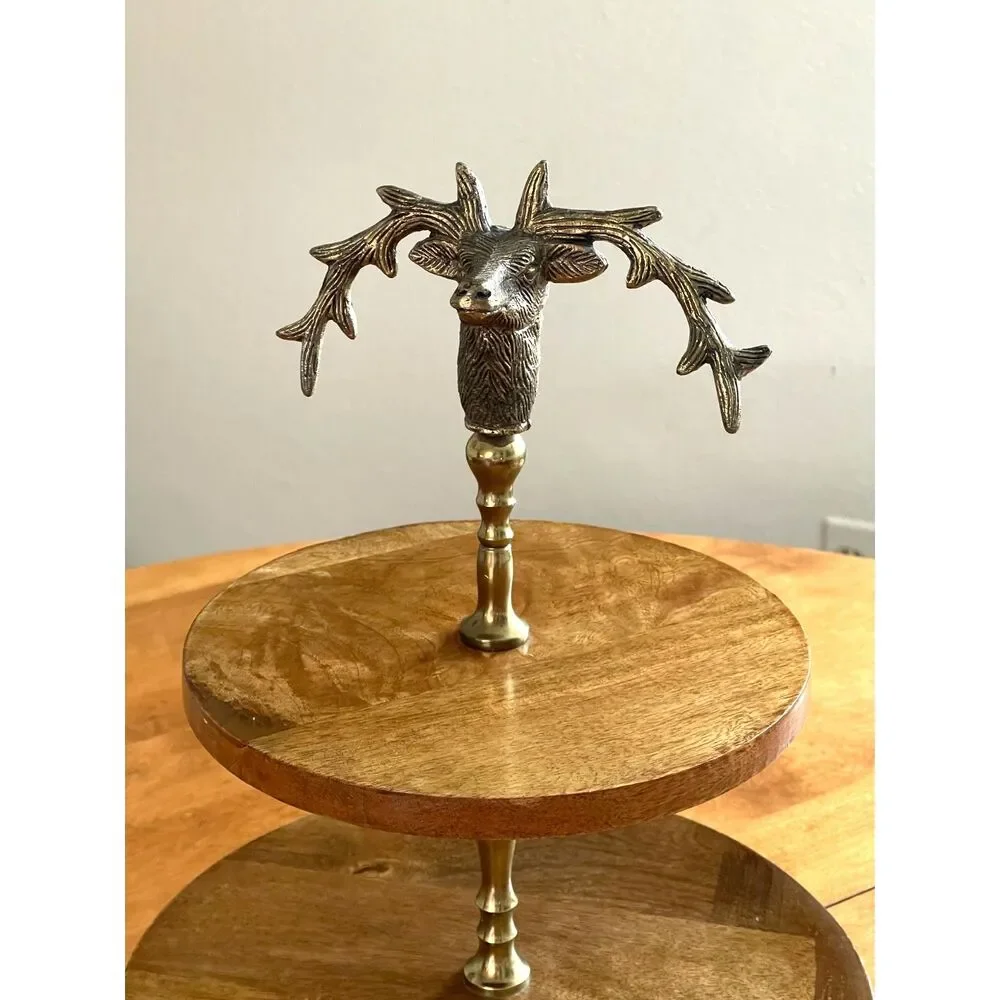 Vtg Pewter Stag Deer & Solid Wood Serving Pedestal Cupcake Platter Cake Dessert